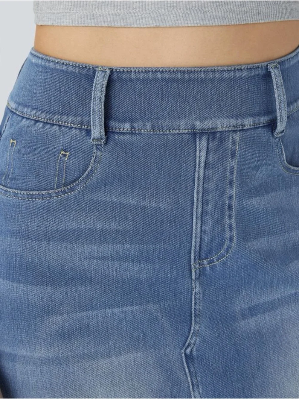 Halara Flex High Waisted Pockets Bodycon Washed Denim Casual Midi Skirt NWT